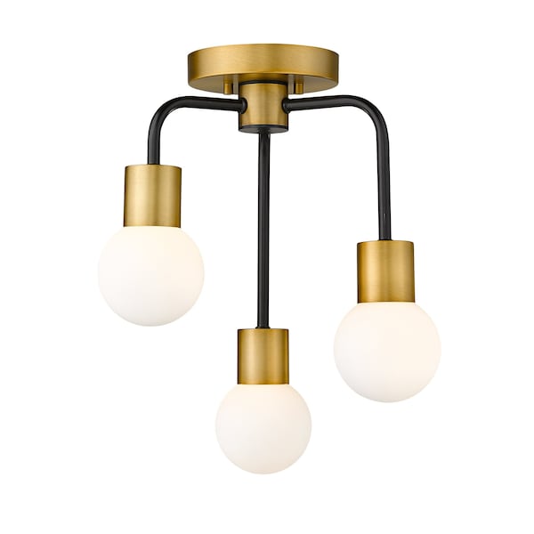 Neutra 3 Light Semi Flush Mount, Matte Black + Foundry Brass & Opal